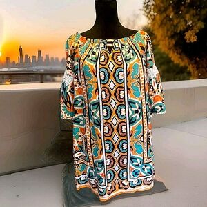 Crown & Ivy Boho Chic Tunic Dress  Geometric Lace Bell Sleeves Size L Princess